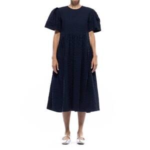 NEW TOIT VOLANT spring garden midi dress in seersucker navy